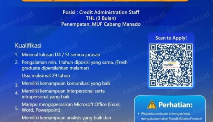 Lowongan Kerja Credit Administration Staff Mandiri Utama Finance (MUF) Cabang Manado